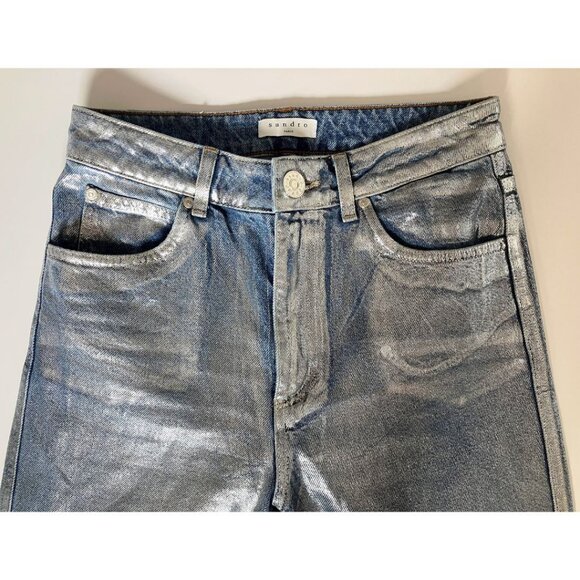 Sandro Roland High-Rise Flared Painted Jeans Silver Size FR 36/ US 4 - Picture 6 of 8